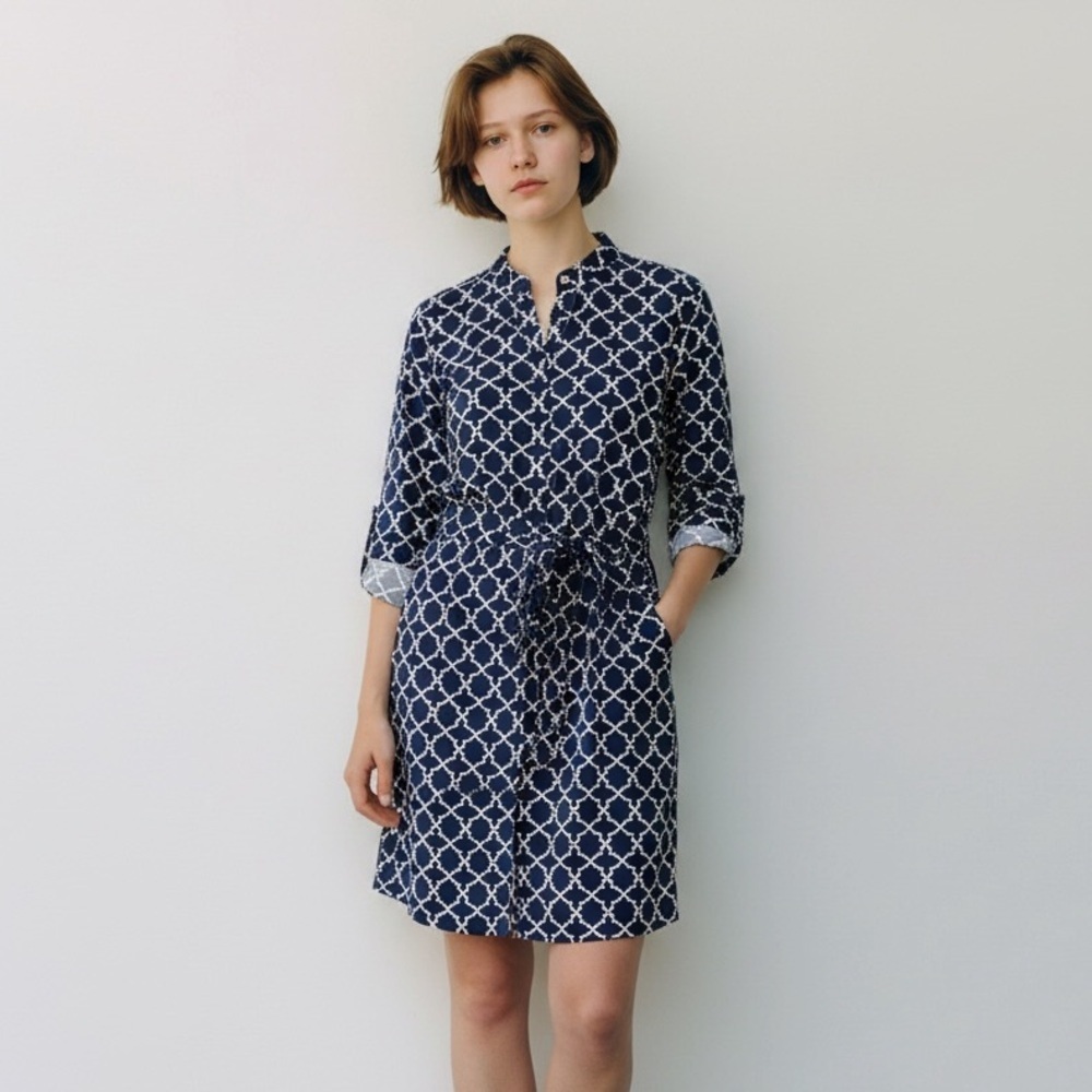 Tacera Women’s Geometric Patterned Dress with Tie Blue/White Size-M